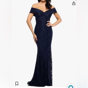 Xscape Women's Dress Navy Off Shoulder Lace Floral Gown - Blue